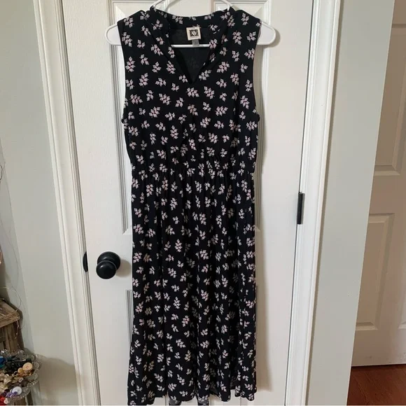 Anne Klein Sleeveless Dress w/Pockets Size 6 Lined Black w/Pink Print - Picture 1 of 11